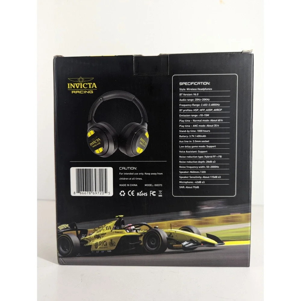 Invicta Racing Power Headphones Wireless Noise Cancelling Black Yellow IG0373